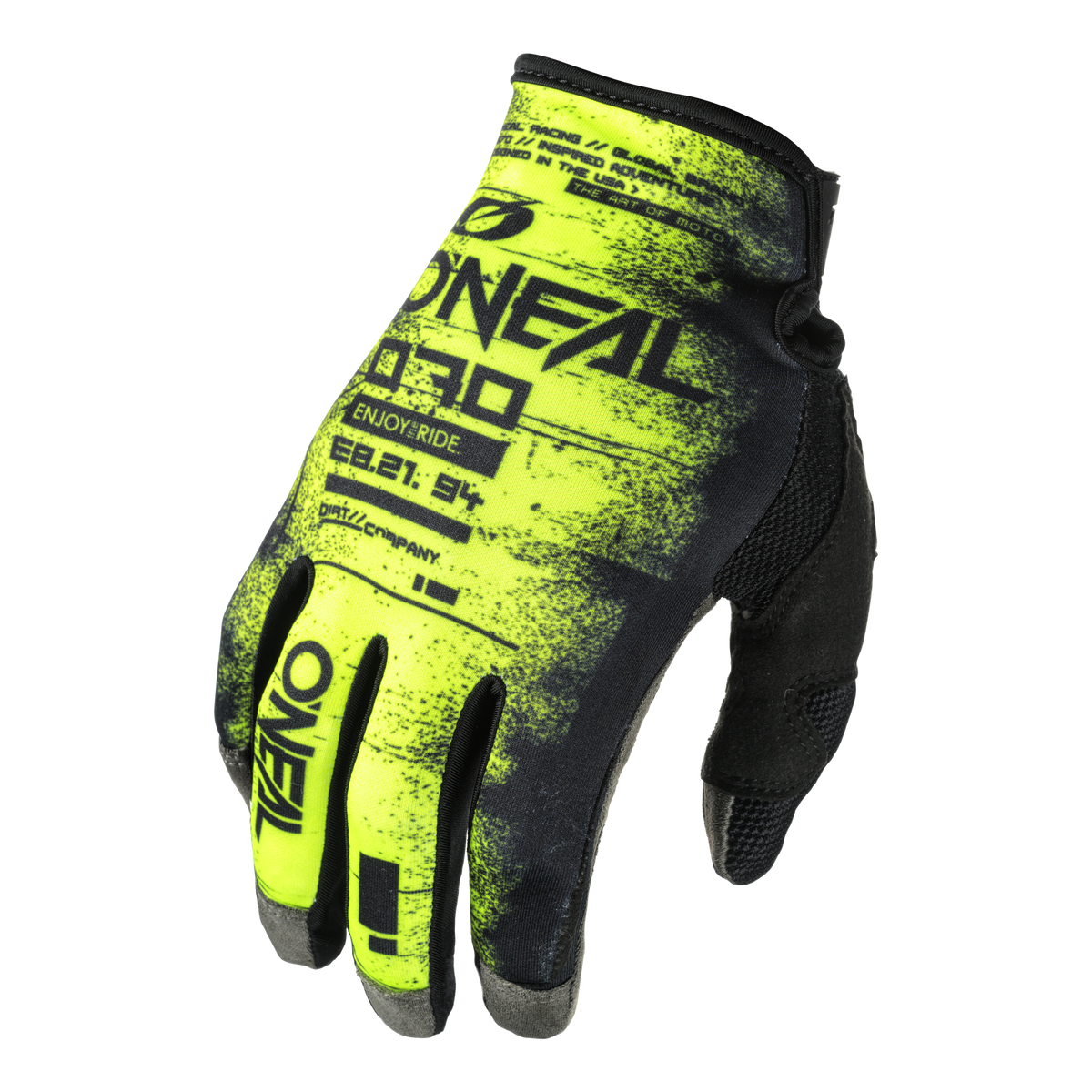 Il guanto O'NEAL Mayhem SCARZ è un guanto destro giallo e nero con testo e grafica. Offre una vestibilità aderente al polso, materiale traspirante e un design resistente per un comfort da motocross.