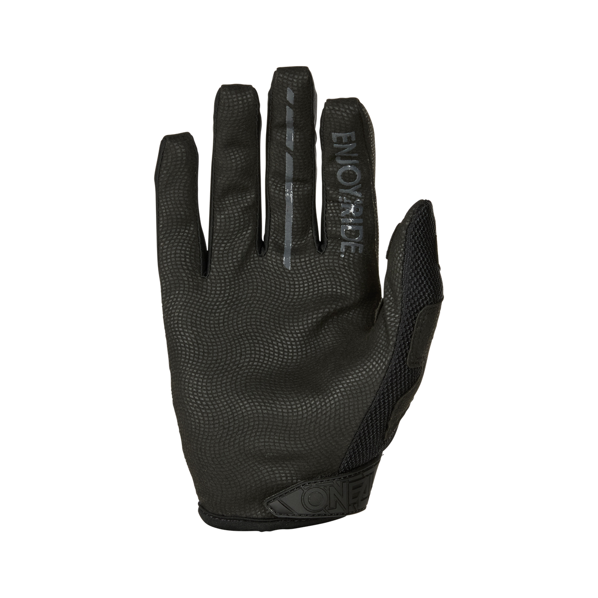 Il guanto O'NEAL Mayhem DIRT è un guanto da motocross nero e strutturato con la scritta "ENORMADE" in bianco sull'indice e "ONE" sul polso, mostrato con il palmo rivolto verso il basso - resistente per ogni avventura.