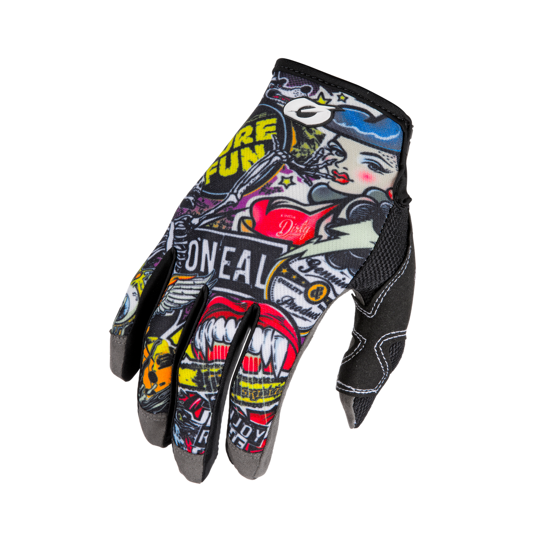 Der O'NEAL MAYHEM Handschuh CRANK von O'NEAL ist ein bunter, strapazierfähiger Mountainbike-Handschuh mit auffälligen Graffiti-Grafiken, Cartoon-Frauengesicht, roten Lippen sowie Text und Symbolen auf schwarzem Grund.