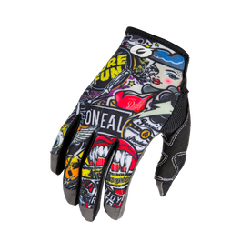 The O'NEAL MAYHEM glove CRANK by O'NEAL is a colorful, durable mountain bike glove with eye-catching graffiti graphics, cartoon female face, red lips and text and symbols on a black background.