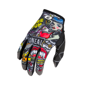 Der O'NEAL MAYHEM Handschuh CRANK von O'NEAL ist ein bunter, strapazierfähiger Mountainbike-Handschuh mit auffälligen Graffiti-Grafiken, Cartoon-Frauengesicht, roten Lippen sowie Text und Symbolen auf schwarzem Grund.
