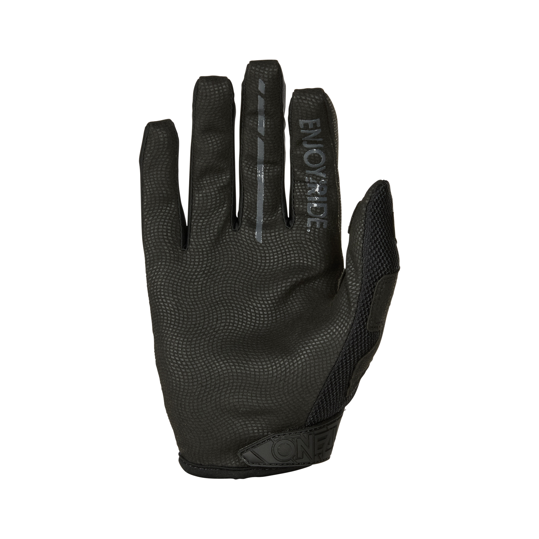Der O'NEAL MAYHEM Handschuh CRANK ist ein schwarzer, strukturierter Mountainbike-Handschuh mit "ENJOYTHERIDE" und einem Streifen auf dem Mittelfinger, sowie einem O'NEAL-Logo am Handgelenk. Handflächenanzeige auf weißem Hintergrund. Strapazierfähig für den harten Outdoor-Einsatz.