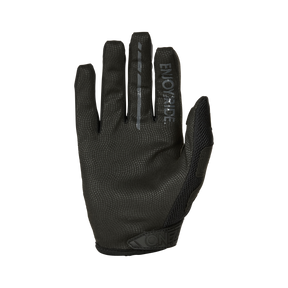 Der O'NEAL MAYHEM Handschuh CRANK ist ein schwarzer, strukturierter Mountainbike-Handschuh mit "ENJOYTHERIDE" und einem Streifen auf dem Mittelfinger, sowie einem O'NEAL-Logo am Handgelenk. Handflächenanzeige auf weißem Hintergrund. Strapazierfähig für den harten Outdoor-Einsatz.