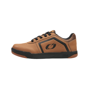 Brown and black sports shoe with black laces, a black sole and a stylized leaf logo on the side. The shoe has a low-top design and is made from durable material that is suitable for both sport and leisure.