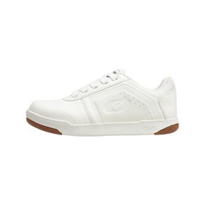 A white low-top sneaker with a rubber sole and subtle logo detail on the side, with white laces and a brown outsole.