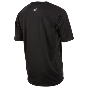 La maglia O'NEAL Pin It, qui mostrata dal retro in nero, ha un piccolo logo O'NEAL bianco sullo scollo ed è realizzata in tessuto di alta qualità.