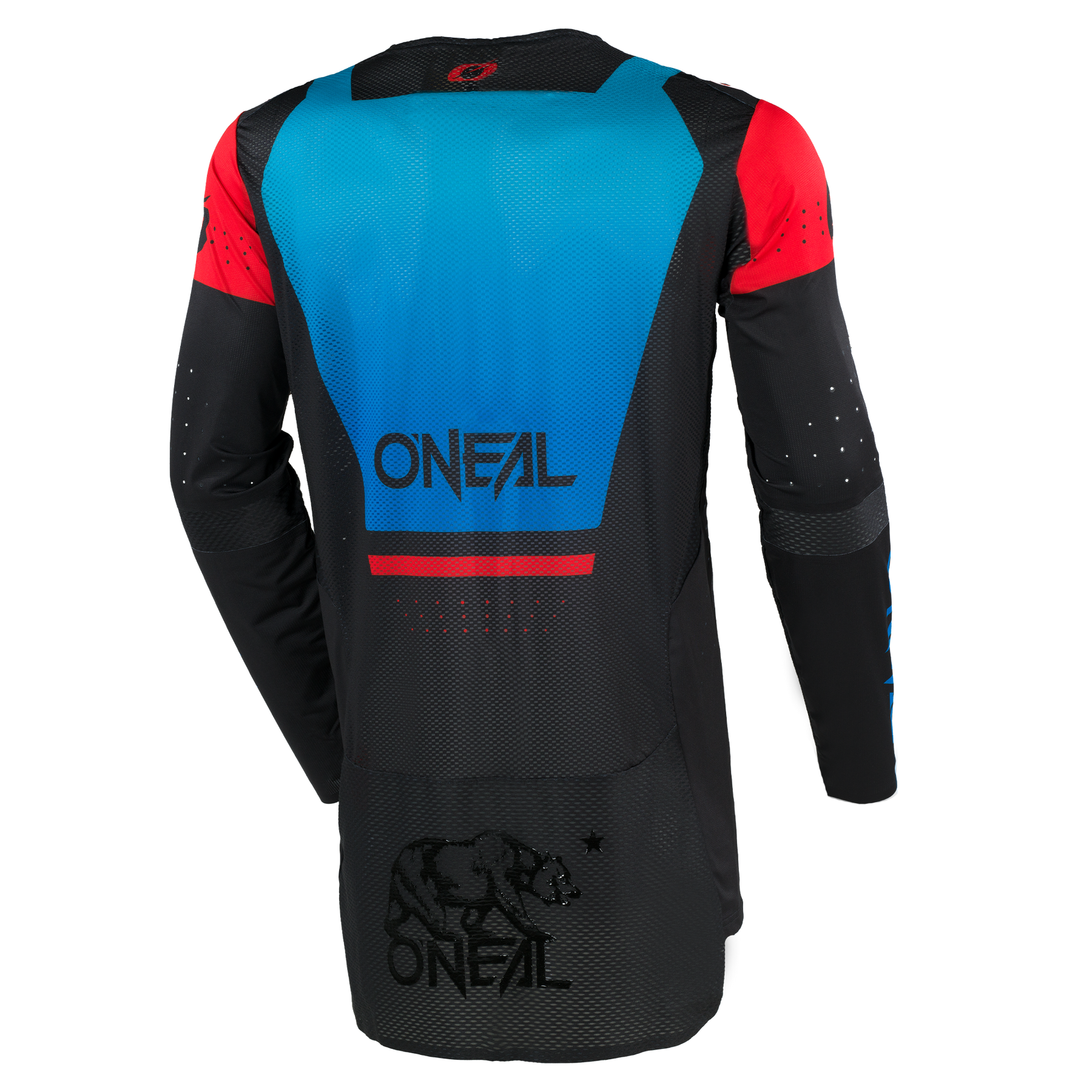 Das O'NEAL Custom Jersey PRODIGY FIVE FOUR ist ein langärmeliges Trikot in den Farben schwarz, blau und rot mit "ONEAL"-Logo und Bärengrafik, hergestellt aus belüftetem Stoff. Auch als handgefertigtes Trikot aus Deutschland erhältlich.