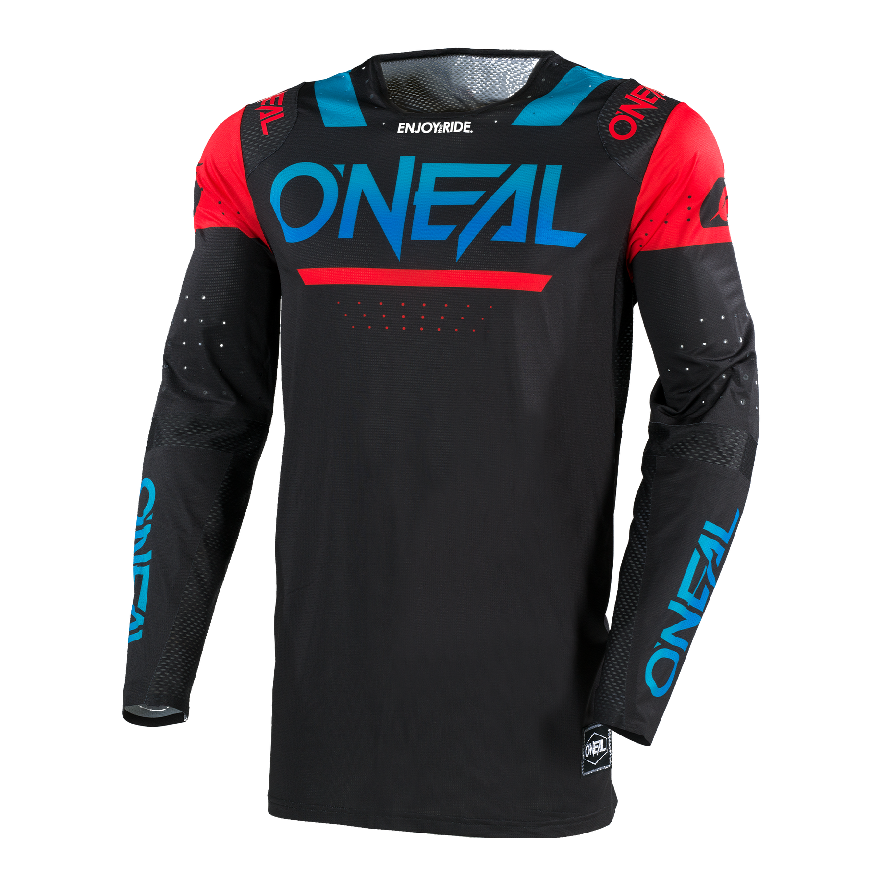 Das O'NEAL Custom Jersey PRODIGY FIVE FOUR hat schwarze und rote lange Ärmel, ein blaues Brustlogo, Belüftungslöcher für Atmungsaktivität an Armen und Schultern - perfekt als individuelles Jersey, handgefertigt in Deutschland.