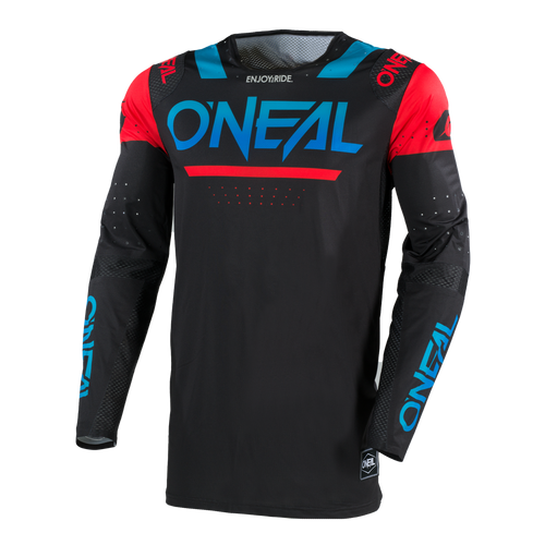 La O'NEAL Prodigy Jersey FIVE FOUR è una maglia da motocross nera a maniche lunghe con il marchio O'NEAL blu, spalle rosse, accenti blu e rossi e inserti in rete sulle braccia per una maggiore traspirabilità.
