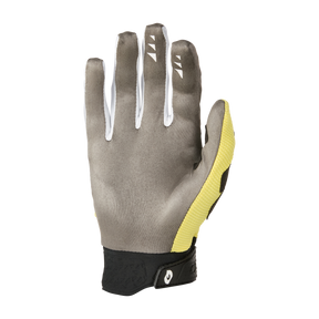Ein einzelner grauer und gelber O'NEAL REVOLUTION Nanofront Handschuh wird aufrecht gezeigt, mit der Handfläche nach außen, mit einem schwarzen Handgelenkband und kleinen weißen O'NEAL-Logos auf den Fingern.