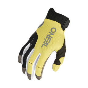 Der O'NEAL REVOLUTION Nanofront Handschuh ist ein gelb-schwarzer Handschuh mit grauen und weißen Akzenten, der mit einem Klettverschluss am Handgelenk ausgestattet ist und sich perfekt zum Biken, MTB oder Motocross eignet.