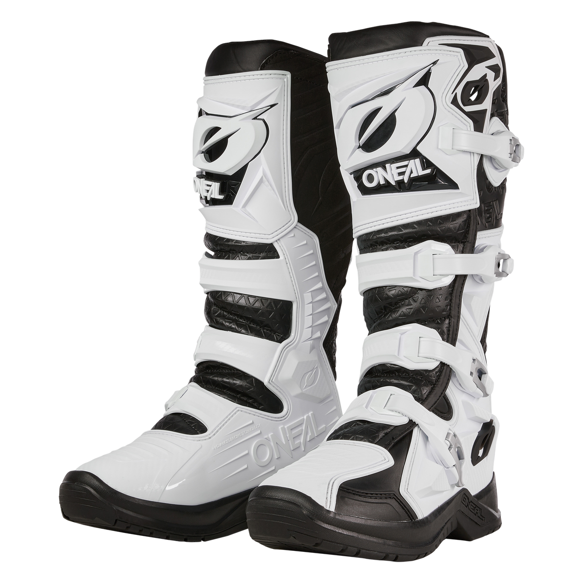 The O'NEAL RMX PRO boots are white and black motocross boots with multiple buckles, textured inserts and eye-catching O'NEAL branding on the front and sides.