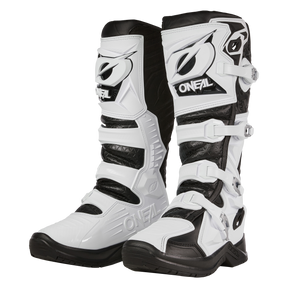 Die O'NEAL RMX PRO Stiefel sind weiß-schwarze Motocross-Stiefel mit mehreren Schnallen, strukturierten Einsätzen und einem auffälligen O'NEAL-Branding auf der Vorderseite und an den Seiten.