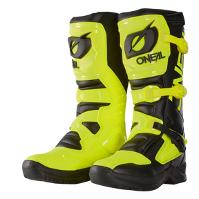 Un par de botas O'NEAL RSX en negro y amarillo neón con placas protectoras, hebillas de seguridad y la llamativa marca O'NEAL en la parte delantera y lateral.