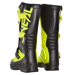Mostradas por detrás y por el lateral, las botas O'NEAL RSX negras y amarillo neón llevan la marca "ONEAL", múltiples hebillas y zonas reforzadas en el talón y la espinilla para una mayor protección.