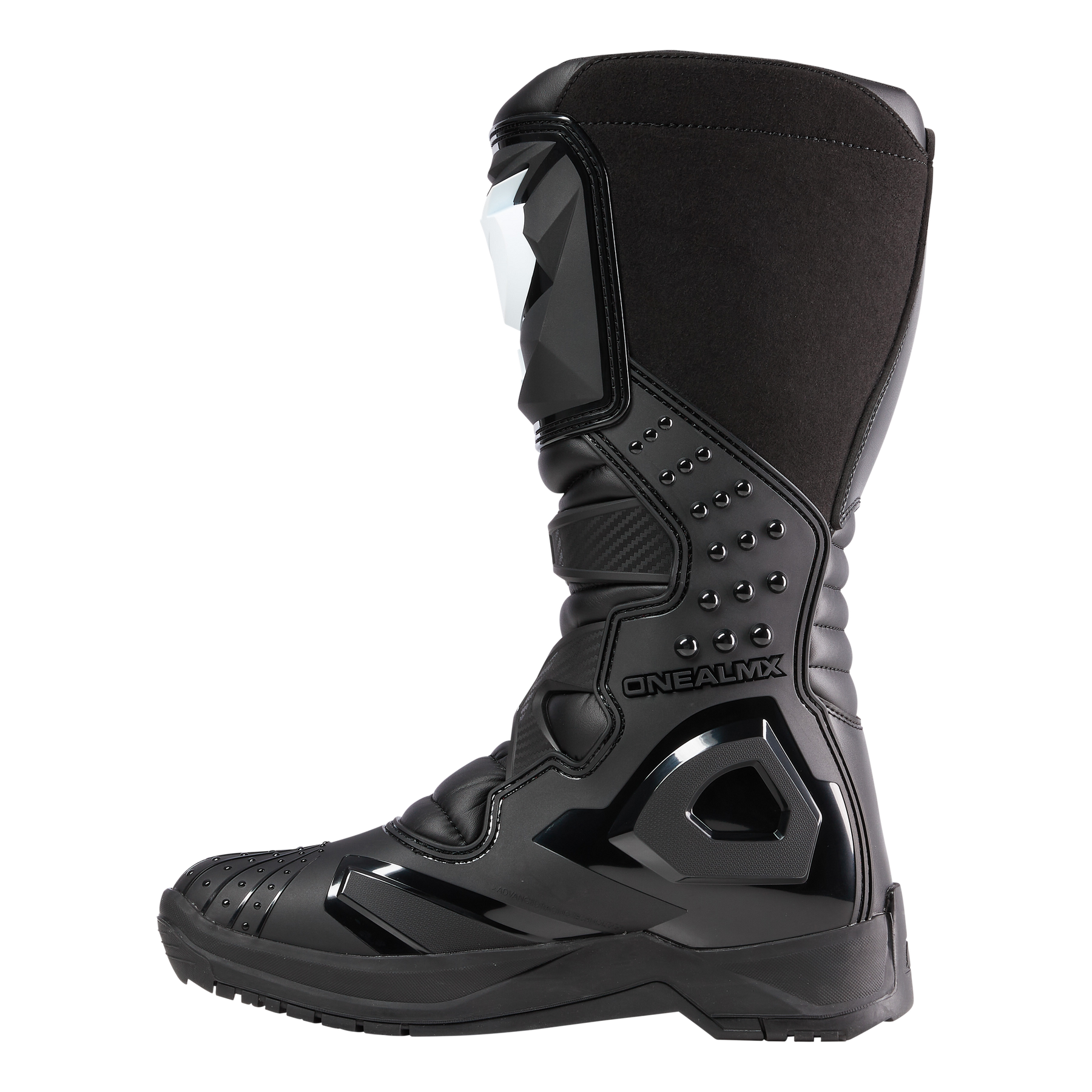Der O'NEAL RSX Stiefel ist ein schwarzer Motocross-Stiefel mit glänzenden und matten Einsätzen, verstärkten Zonen, dekorativen Stollen und "O'NEAL MX"-Branding. Sein hoher Schaft und die robuste Sohle sorgen für hervorragenden Schutz und Grip.