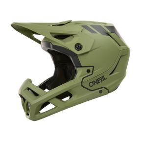 Der O'NEAL SL1 Helmet CREST ist ein mattgrüner Fullface-Motocross-Helm mit Visier, seitlichem Branding, Belüftungsöffnungen und einem aerodynamischen Design - ideal für optimalen Schutz in Ihrer Ausrüstung.