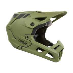Der O'NEAL SL1 Helmet CREST ist ein mattgrüner Integralhelm mit schwarzen Akzenten, Visier, großen Belüftungsöffnungen und Kinnschutz - perfekt für Mountainbiking oder Motocross und bietet optimale Sicherheit bei jeder Fahrt.