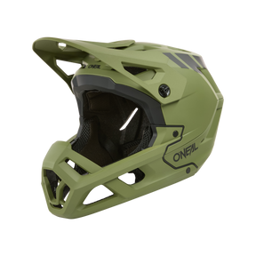 Der O'NEAL SL1 Helmet CREST ist ein mattgrüner Fullface-Mountainbike-Helm mit schwarzem Visier und Kinnschutz, seitlichem "ONEAL"-Logo und Belüftungsöffnungen - die perfekte Ausrüstung für optimalen Schutz auf dem Trail.