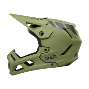 Der O'NEAL SL1 Helmet CREST ist ein matt olivgrüner Fullface-Mountainbike-Helm mit schwarzen Akzenten, einem auffälligen O'NEAL-Logo, einem großen Visier und kantigen Belüftungsöffnungen für optimalen Schutz bei anspruchsvollen Fahrten.