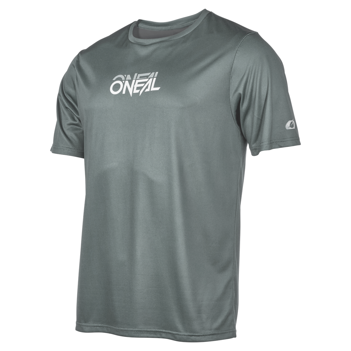 Das O'NEAL SLICKROCK Jersey STATIC ist ein graues, kurzärmeliges Mountainbike-Trikot mit Rundhalsausschnitt, weißem O'NEAL-Logo auf der Brust und kleinem Ärmellogo. Erleben Sie Qualität und Komfort, gezeigt auf einem schlichten weißen Hintergrund.