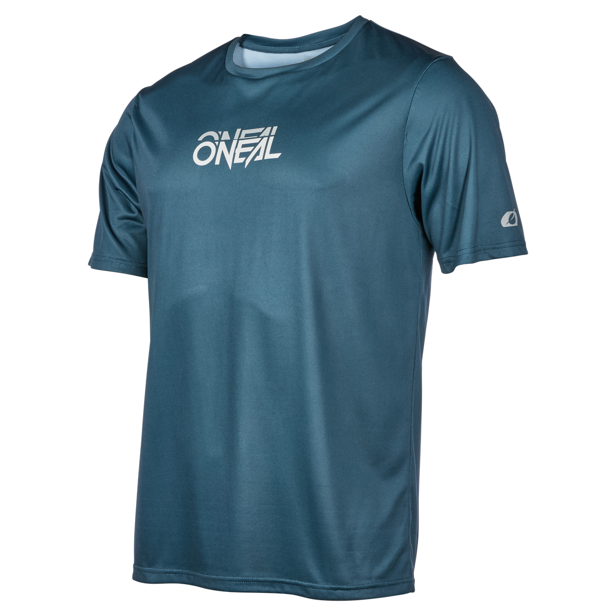 Das O'NEAL SLICKROCK Jersey STATIC ist ein tealfarbenes Kurzarm-Mountainbike-Trikot mit dem weißen O'NEAL-Logo auf der Brust und einem kleinen Logo auf dem Ärmel, das Qualität und Komfort auf einem unifarbenen Hintergrund vereint.
