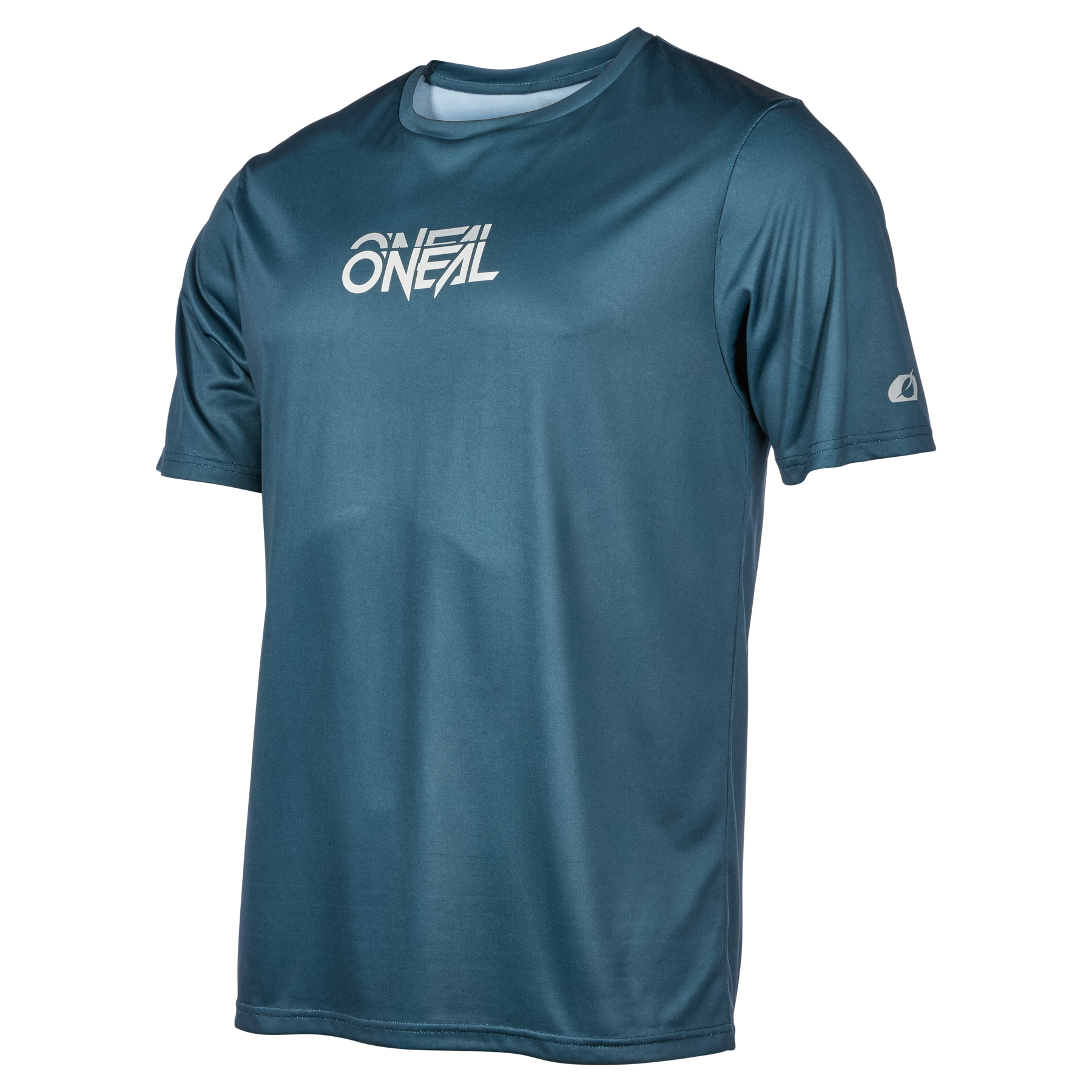 Das O'NEAL SLICKROCK Jersey STATIC ist ein tealfarbenes Kurzarm-Mountainbike-Trikot mit dem weißen O'NEAL-Logo auf der Brust und einem kleinen Logo auf dem Ärmel, das Qualität und Komfort auf einem unifarbenen Hintergrund vereint.