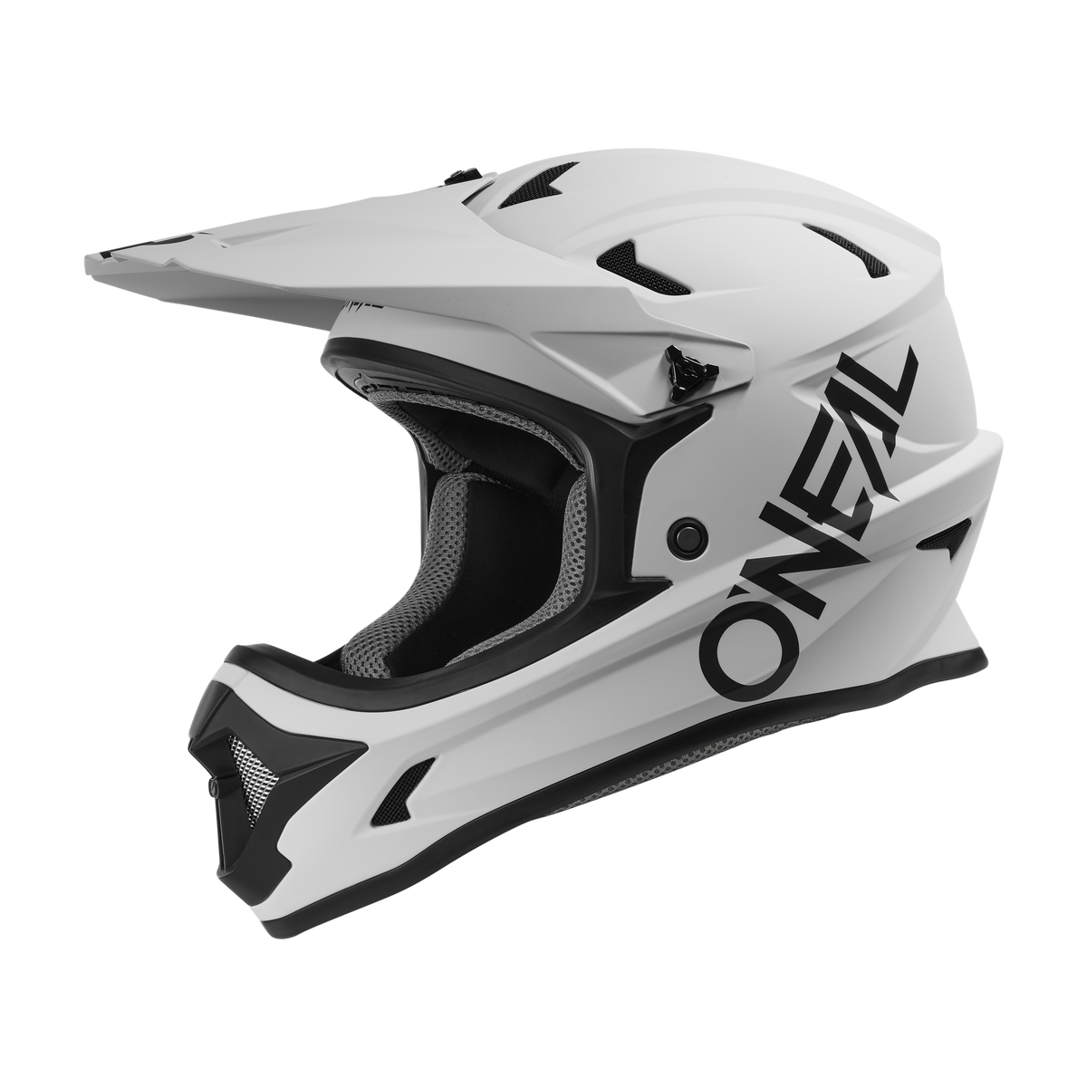 Der O'NEAL SONUS Helm SOLID, ein weißer Fullface-MTB-Helm mit schwarzen Akzenten, großem O'NEAL-Logo, Visier und gepolsterter Innenausstattung, wird von der Seite auf einem schlichten schwarzen Hintergrund gezeigt.