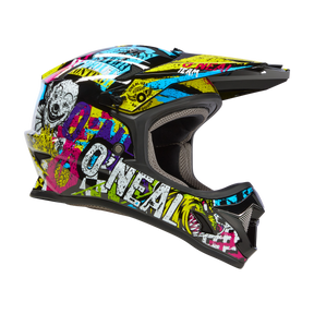 The O'NEAL Sonus helmet for youth Riot is a colorful MTB helmet with bright graffiti-style graphics in yellow, blue, pink and white - ideal for young bike enthusiasts - and the O'NEAL brand on the side.