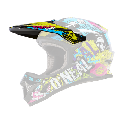 The O'NEAL Visor Sonus Youth Helmet Riot has a black base with eye-catching yellow, blue, pink and white graffiti graphics and "O'NEAL" on the side.