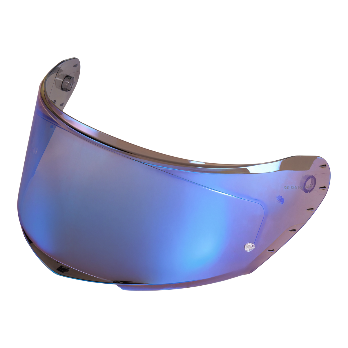 La pantalla de recambio para casco O'NEAL Challenger es una visera reflectante e iridiscente con tonos de color azul y morado. Ligeramente curvada y con orificios de montaje laterales, se muestra sobre un fondo transparente. Marca: O'NEAL.