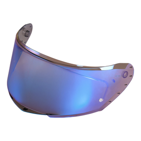 La pantalla de recambio para casco O'NEAL Challenger es una visera reflectante e iridiscente con tonos de color azul y morado. Ligeramente curvada y con orificios de montaje laterales, se muestra sobre un fondo transparente. Marca: O'NEAL.