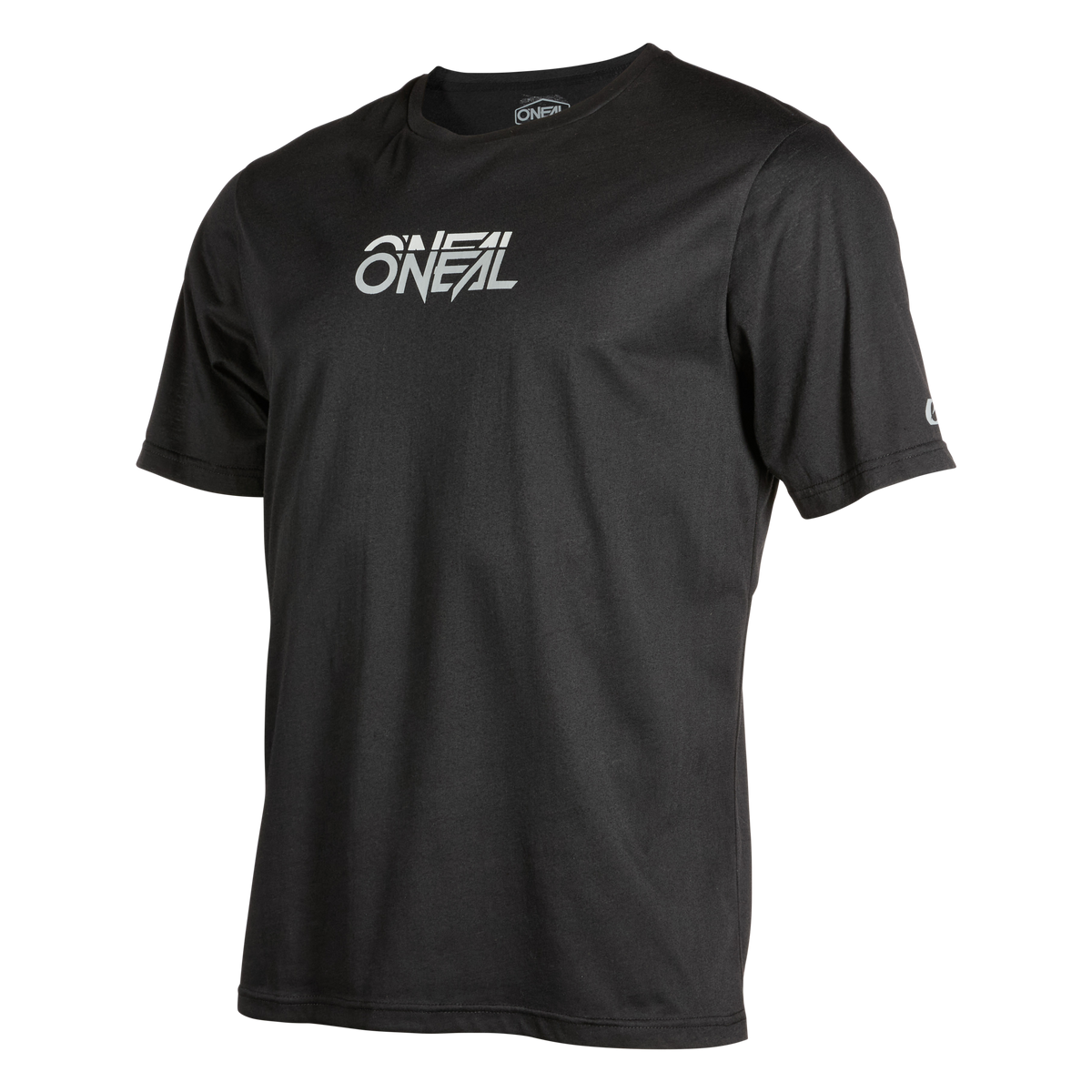 Das O'NEAL SLICKROCK Jersey STATIC ist ein schwarzes Kurzarm-T-Shirt mit weißem "ONEAL"-Logo auf der Brust und einem kleinen Logo auf den Ärmeln, das für dauerhaften Komfort und Qualität auf weißem Grund steht.