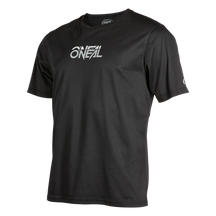 La camiseta O'NEAL Slickrock Jersey STATIC es una camiseta negra de manga corta con el logotipo "ONEAL" blanco en el pecho y un pequeño logotipo en las mangas, que representa comodidad y calidad duraderas sobre un fondo blanco.