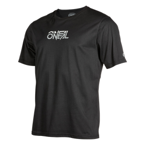 La camiseta O'NEAL Slickrock Jersey STATIC es una camiseta negra de manga corta con el logotipo "ONEAL" blanco en el pecho y un pequeño logotipo en las mangas, que representa comodidad y calidad duraderas sobre un fondo blanco.