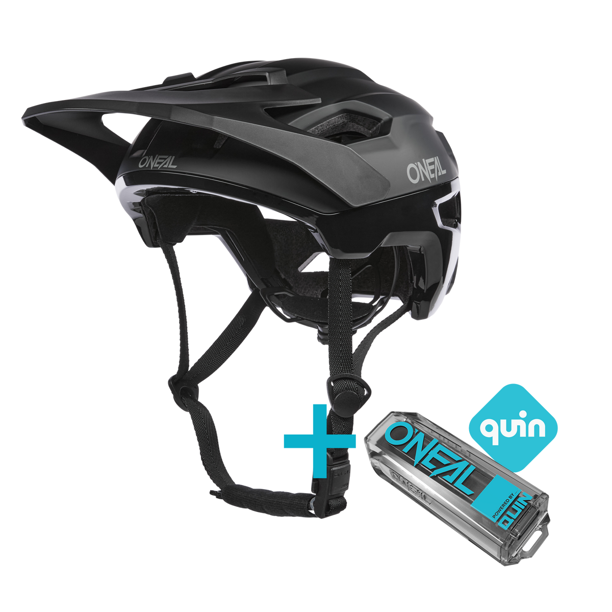 The O'NEAL TRAILFINDER EVO Solid Quin Bundle consists of a black helmet with chin strap and a Quin Smart Safety Sensor, which prove their compatibility for greater rider safety.