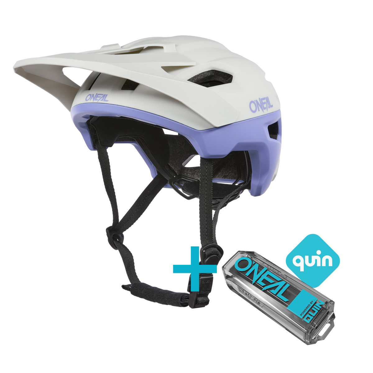 The O'NEAL TRAILFINDER EVO Solid Quin Bundle, consisting of a white and lavender enduro helmet with visor and a smart safety sensor, is shown next to the Quin logo to showcase this advanced O'NEAL combination.