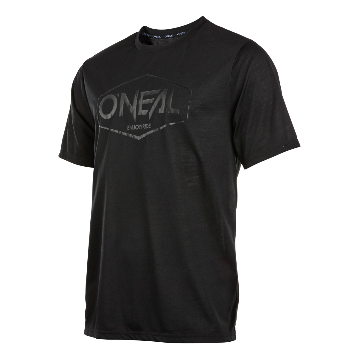 El maillot O'NEAL Vault es un maillot negro de manga corta para bicicleta de montaña con un discreto logotipo oscuro "O'NEAL ENJOY RIDE" en el pecho. Está hecho de un material transpirable y cómodo, y tiene un fondo de color liso.