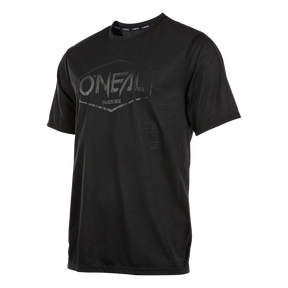 Das O'NEAL VAULT Jersey ist ein schwarzes, kurzärmeliges Mountainbike-Trikot mit einem dezenten, dunklen "O'NEAL ENJOY RIDE"-Logo auf der Brust. Es ist aus atmungsaktivem, komfortablem Material gefertigt und zeigt sich auf einem einfarbigen Hintergrund.
