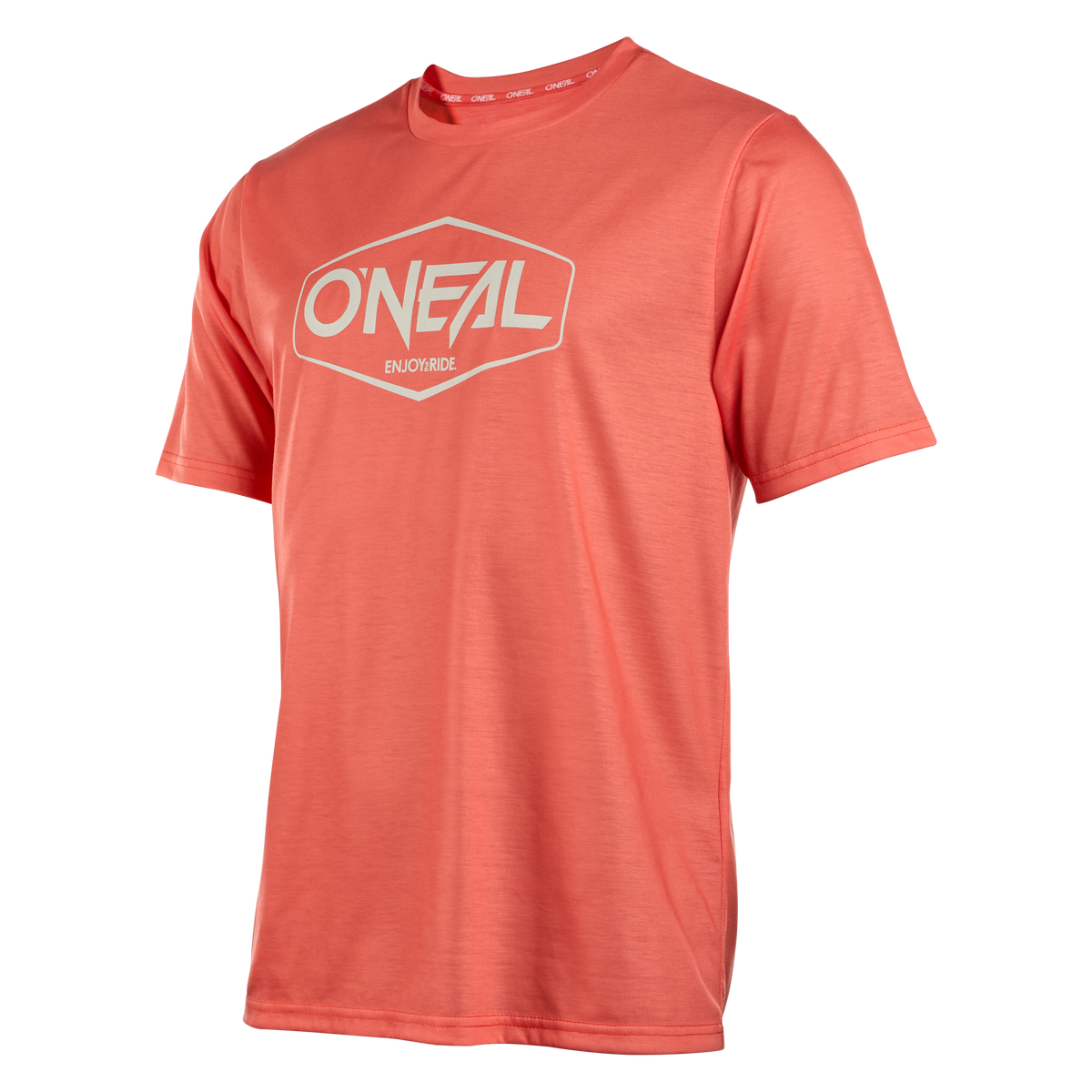 La maglia O'NEAL Vault è una maglia da mountain bike a maniche corte di colore rosso corallo con il logo "ENJOY RIDE" bianco a forma di esagono sul petto su uno sfondo a tinta unita.