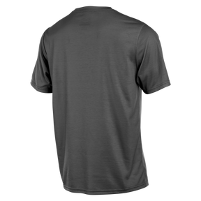 Das O'NEAL VAULT Jersey von O'NEAL ist ein schlichtes, kurzärmeliges, dunkelgraues Mountainbike-Trikot, das von hinten auf weißem Grund gezeigt wird und aus atmungsaktivem Jersey-Stoff für optimalen Komfort besteht.