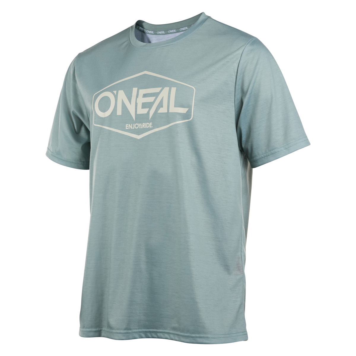 El maillot O'NEAL Vault es un maillot azul claro de manga corta para bicicleta de montaña con el logotipo "O'NEAL ENJOY RIDE" en blanco, fabricado con material transpirable y antibacteriano y mostrado sobre un fondo liso.