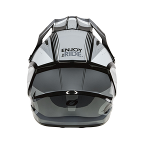 Vista frontale del casco O'NEAL 1SRS RC di O'NEAL con un elegante design in bianco e nero con la scritta "ENJOY THE RIDE." sulla fronte e uno schermo facciale colorato e riflettente.