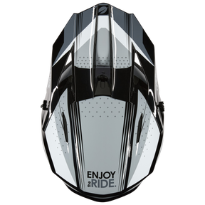 Il casco O'NEAL 1SRS RC di O'NEAL è mostrato dall'alto in bianco e nero con motivi geometrici e la scritta "ENJOY THE RIDE" sul davanti.
