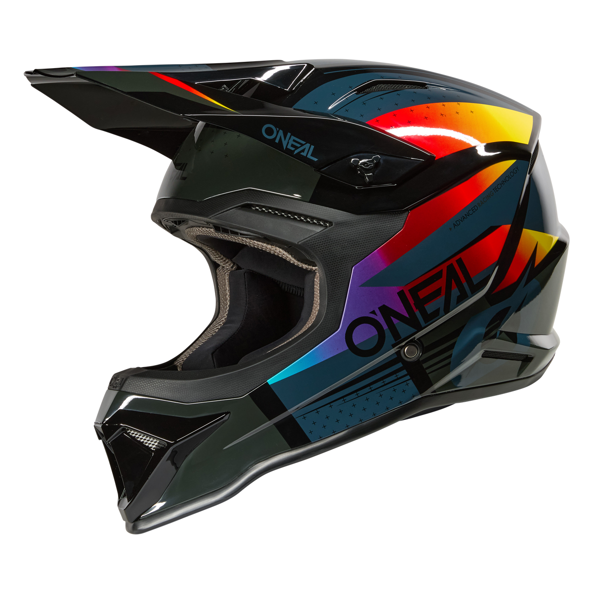 L'O'NEAL 1SRS Helmet RC è un casco da motocross colorato con visiera, caratterizzato da motivi geometrici in nero, blu, rosso, giallo e viola e dal marchio O'NEAL sul lato.