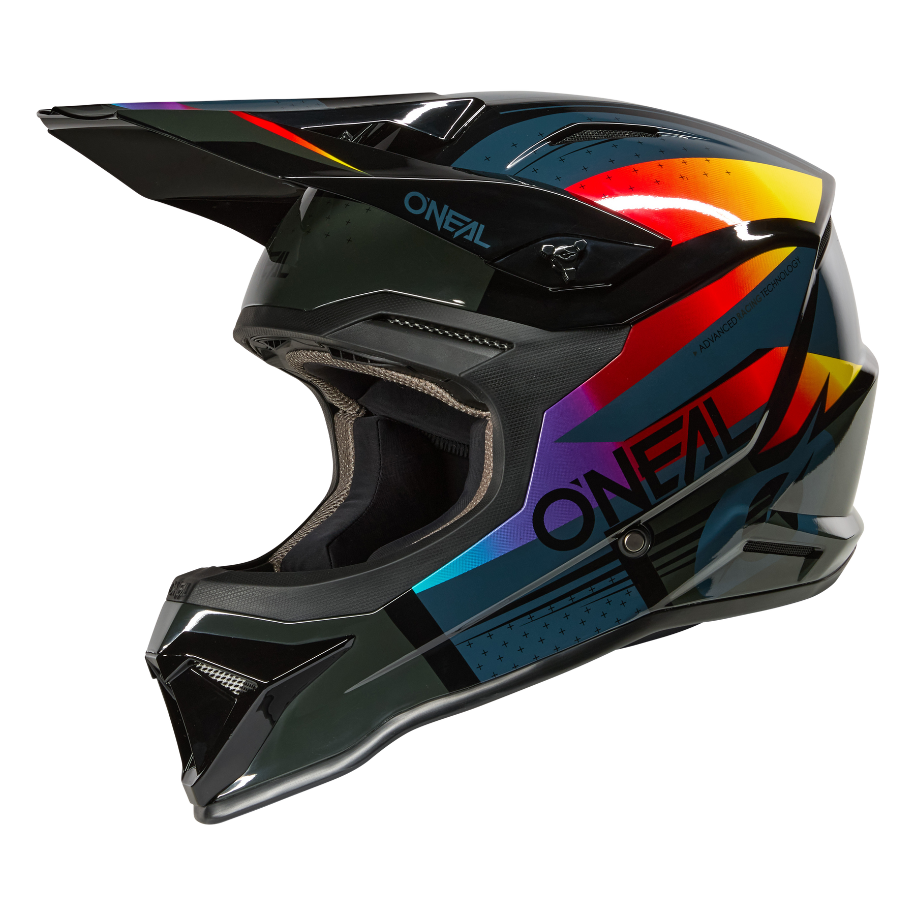 Der O'NEAL 1SRS Helmet RC ist ein farbenfroher Motocross-Helm mit Visier, der geometrische Muster in Schwarz, Blau, Rot, Gelb und Lila und den O'NEAL-Markennamen an der Seite aufweist.