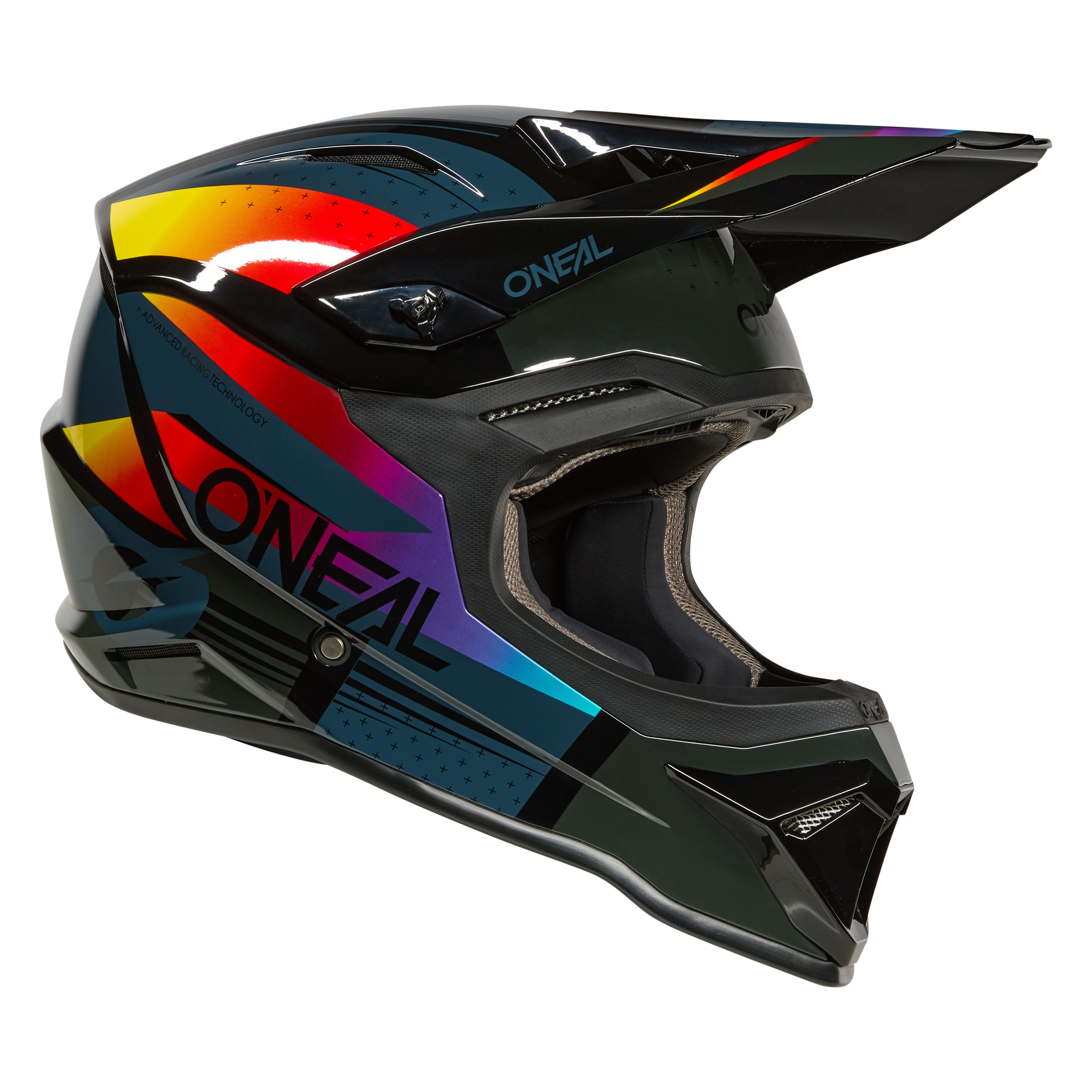 Der O'NEAL 1SRS Helmet RC ist ein Fullface-Motocross-Helm mit schwarzer Basis, bunten geometrischen Mustern in Rot, Gelb, Blau und Lila und dem O'NEAL-Logo an der Seite.
