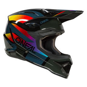 L'O'NEAL 1SRS Helmet RC è un casco da motocross integrale con base nera, motivi geometrici colorati in rosso, giallo, blu e viola e il logo O'NEAL sul lato.