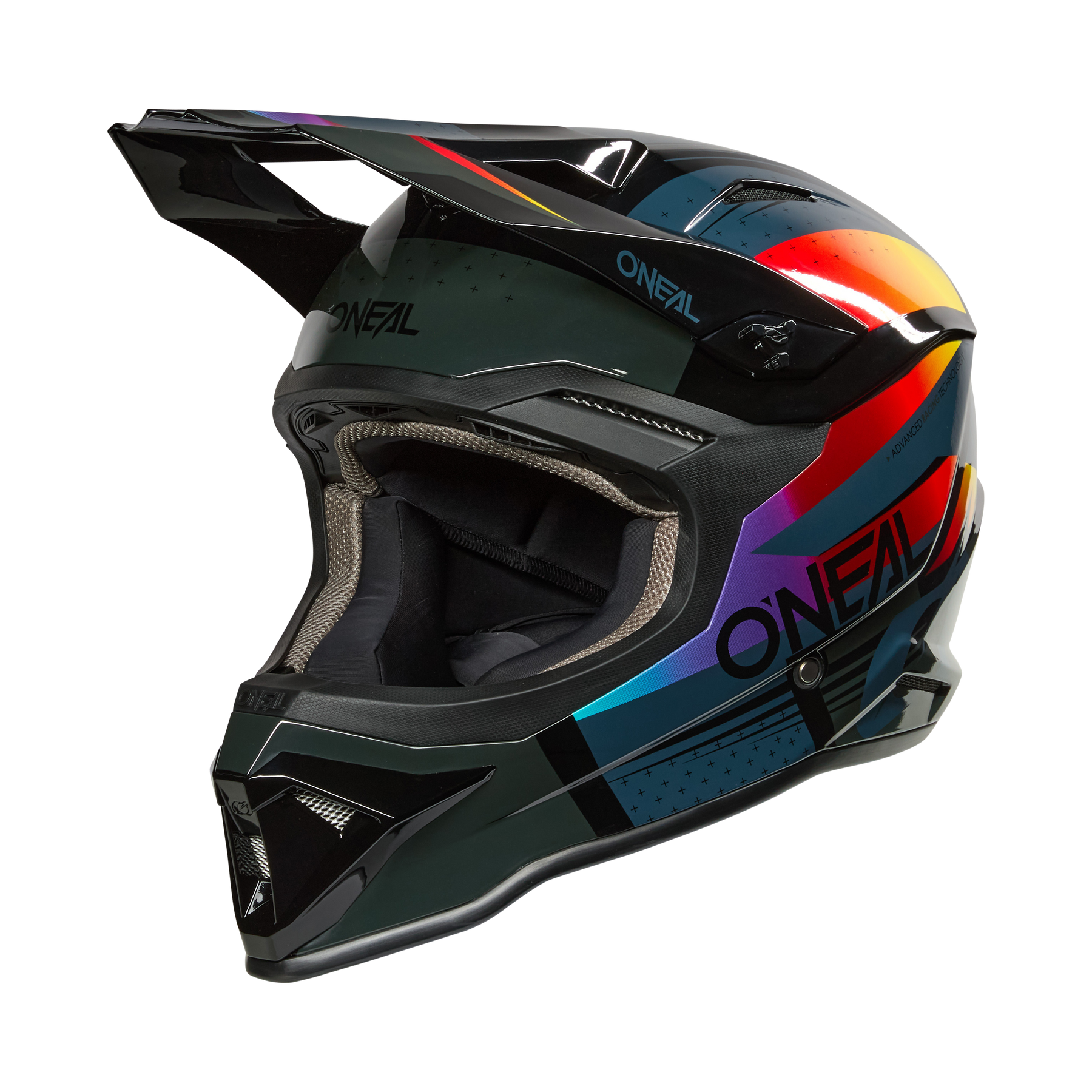 Der O'NEAL 1SRS Helmet RC ist ein Fullface-Motocross-Helm in schwarz/multi, mit auffälligen geometrischen Mustern und dem O'NEAL-Logo an der Seite.
