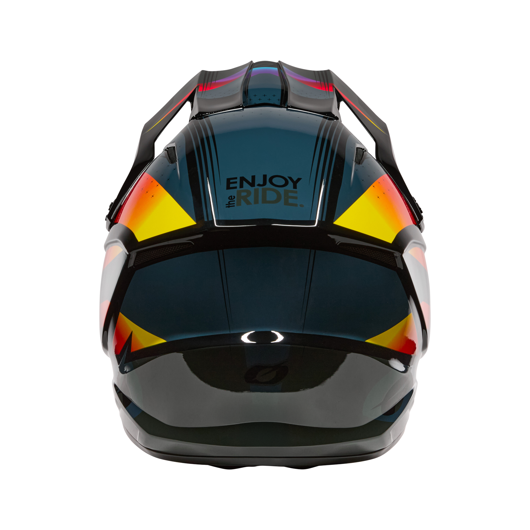 Der O'NEAL 1SRS Helmet RC von O'NEAL zeigt sich von hinten mit einem bunten geometrischen Muster und dem Aufdruck "ENJOY the RIDE".